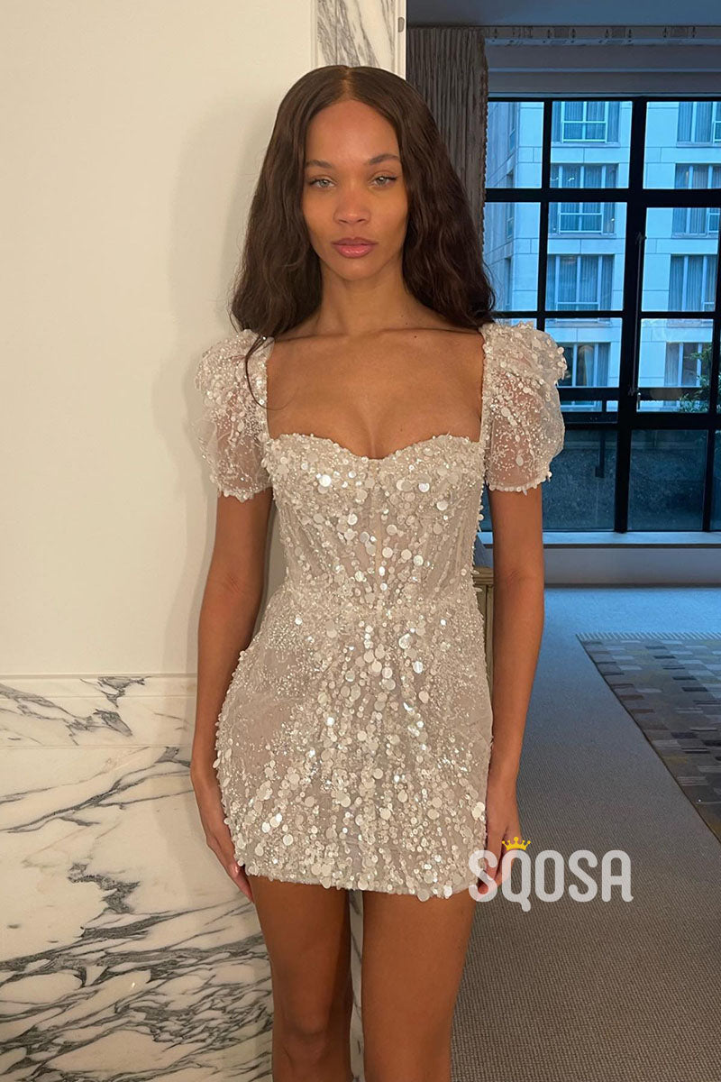 short beaded dresses Sweetheart Short Sleeves Beaded Lace Short Wedding Dress QW2371 US12 / Custom Color