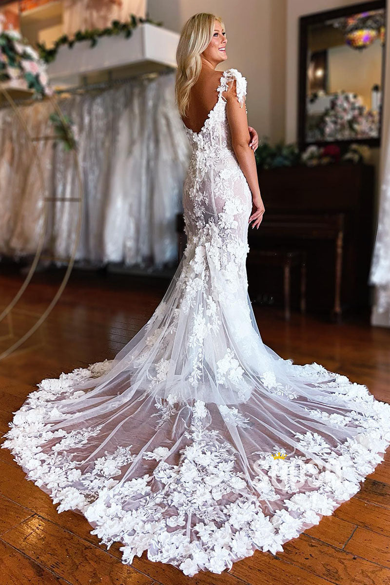 Illusion V-Neck 3D Lace Bohemian Wedding Dress with Slit QW2389 US14 / Custom Color Illusion V-Neck 3D Lace Bohemian Wedding Dress with Slit QW2389 US14 / Custom Color