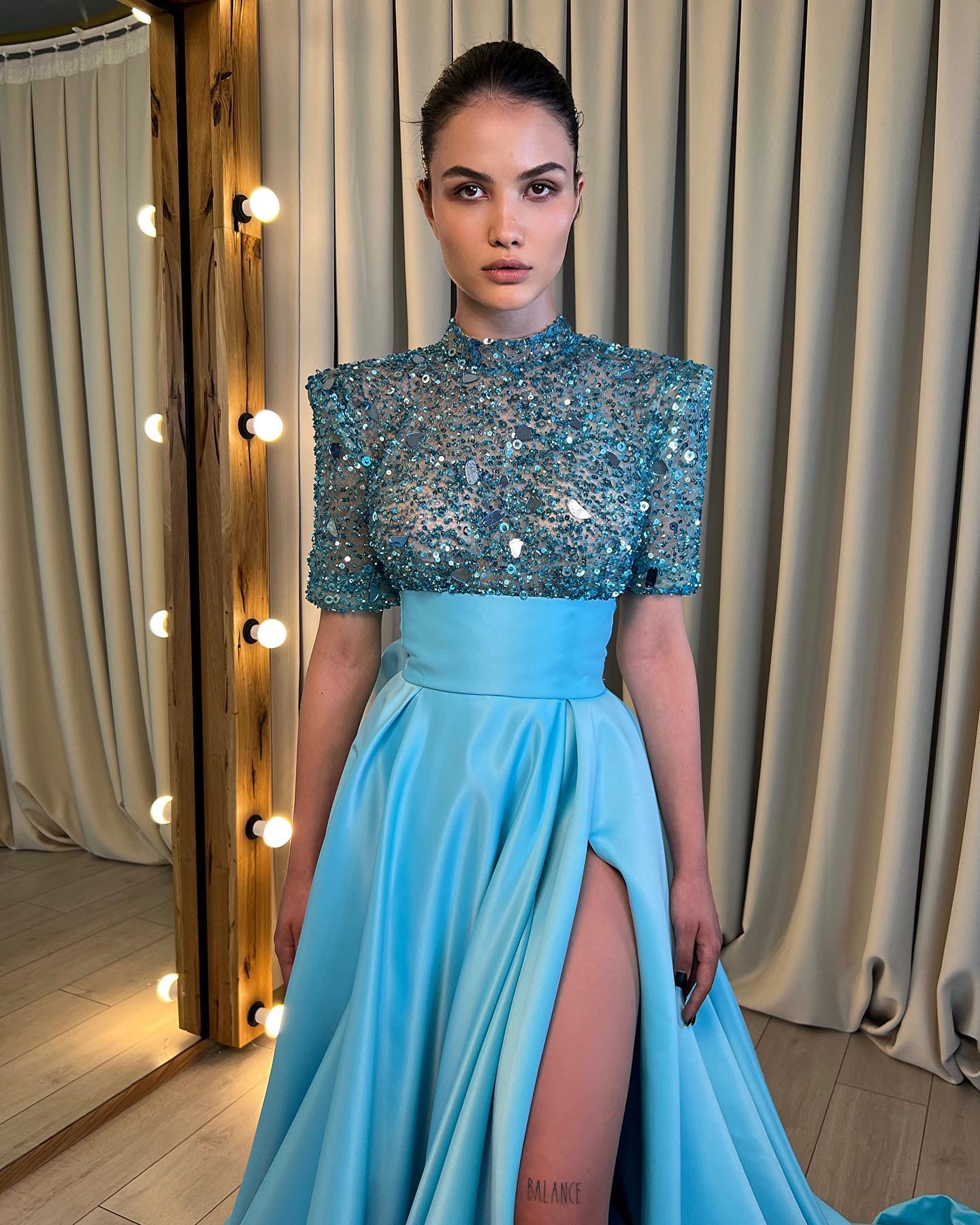 Unique High Neckline Beads Half Sleeves Sparkly Prom Dress with Slit QP1427 US8 / Blue Unique High Neckline Beads Half Sleeves Sparkly Prom Dress with Slit QP1427 US8 / Blue