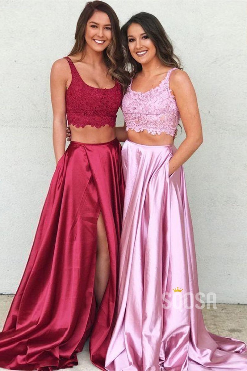 Black Lace & Satin Two-piece High Slit Prom Gown - Promfy