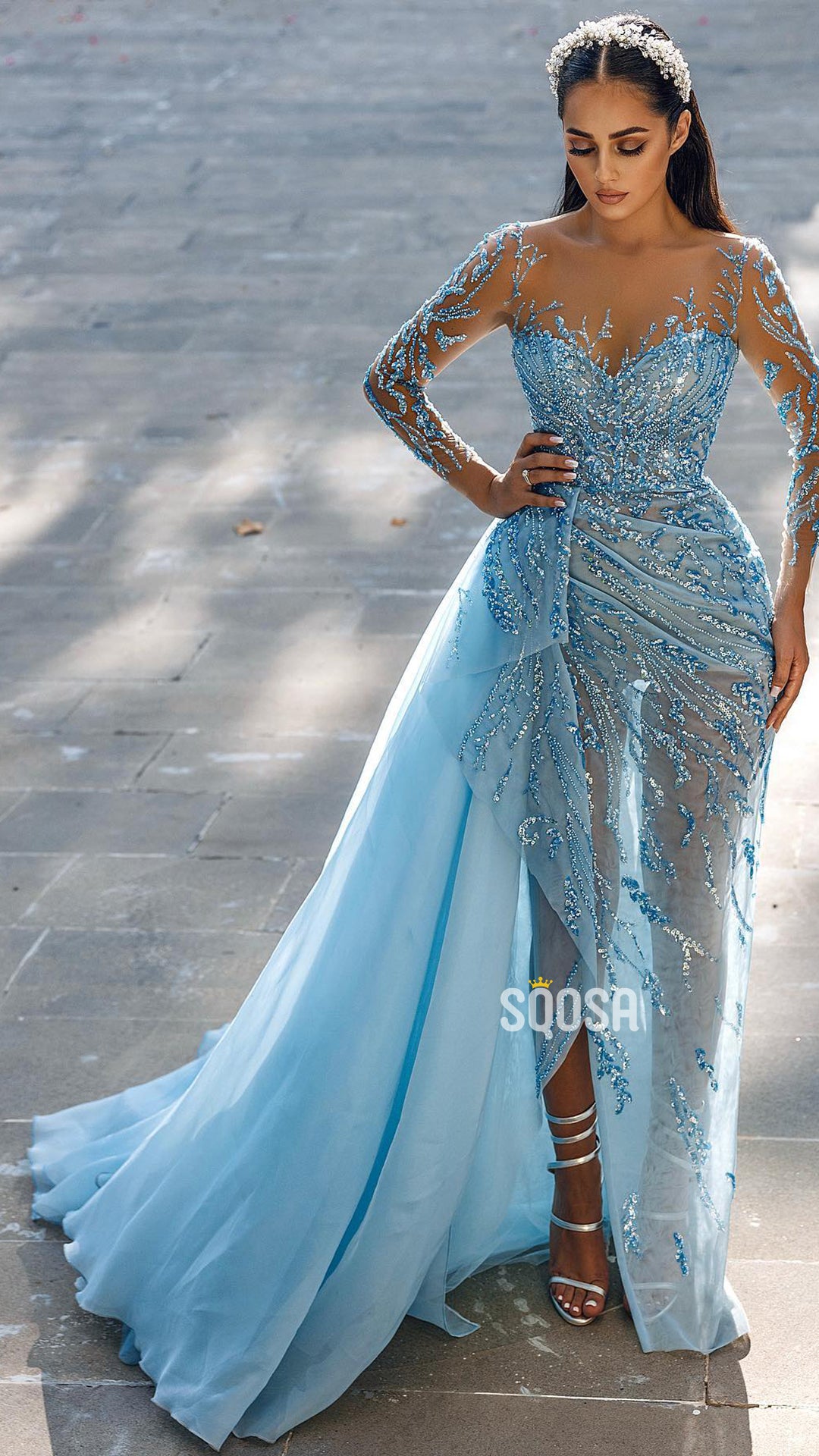 Beaded Sheer Lace Cut-out Thigh Split Prom Dress - Xdressy