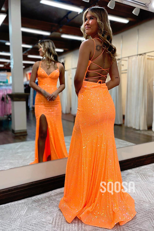 SQOSA Spaghetti Straps Orange Sequins Appliques Long Prom Dress with Slit QP2551 US16 / Orange