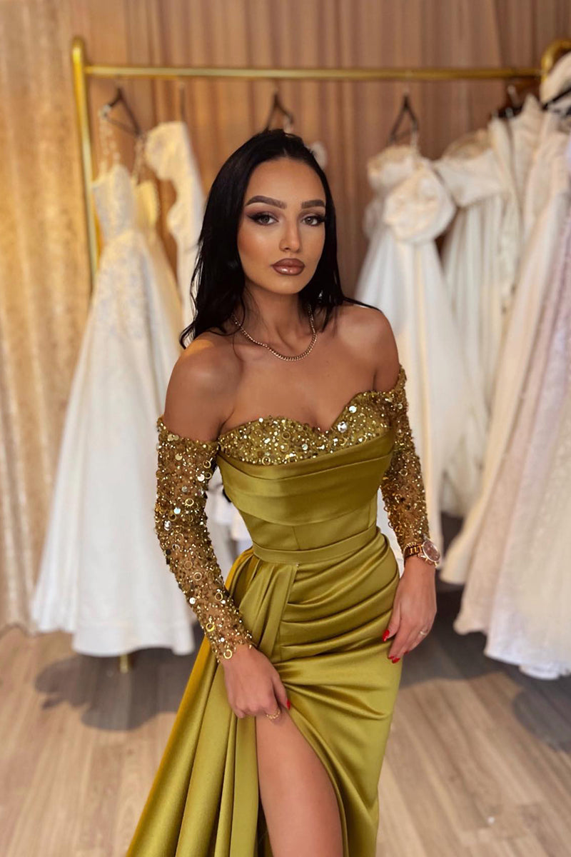 Sheath Sweetheart Long Sleeves Sequins Sparkly Prom Dress with Slit QP SQOSA Sheath Sweetheart Long Sleeves Sequins Sparkly Prom Dress with Slit QP SQOSA