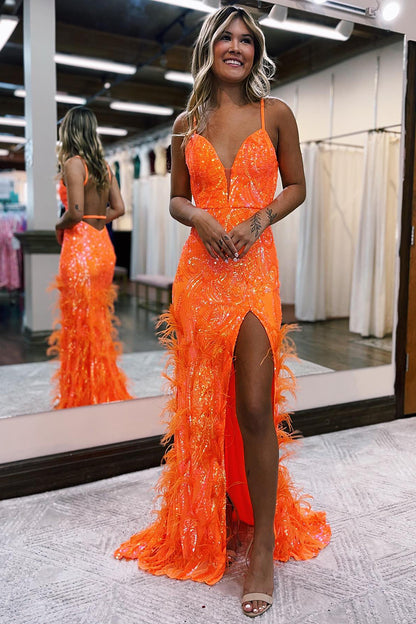 Plunging V-Neck Sequins Appliques Feathers Sparkly Prom Dress with Sli – SQOSA