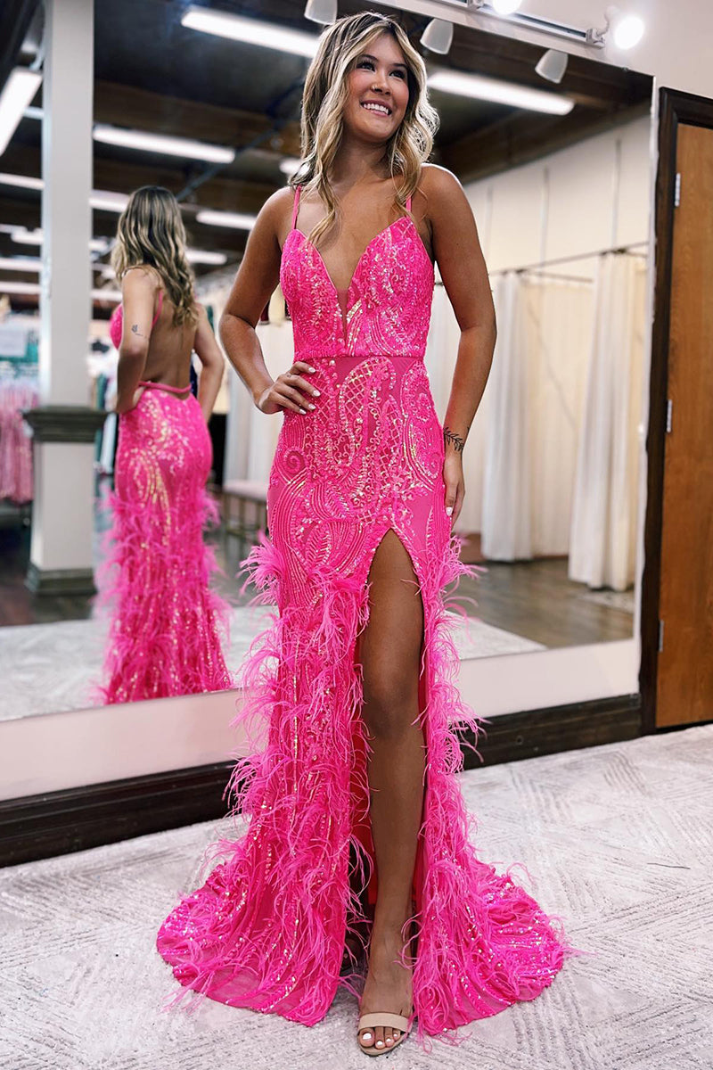 Plunging V-Neck Sequins Appliques Feathers Sparkly Prom Dress with Slit QP0935 US2 / Hot Pink Plunging V-Neck Sequins Appliques Feathers Sparkly Prom Dress with Slit QP0935 US2 / Hot Pink