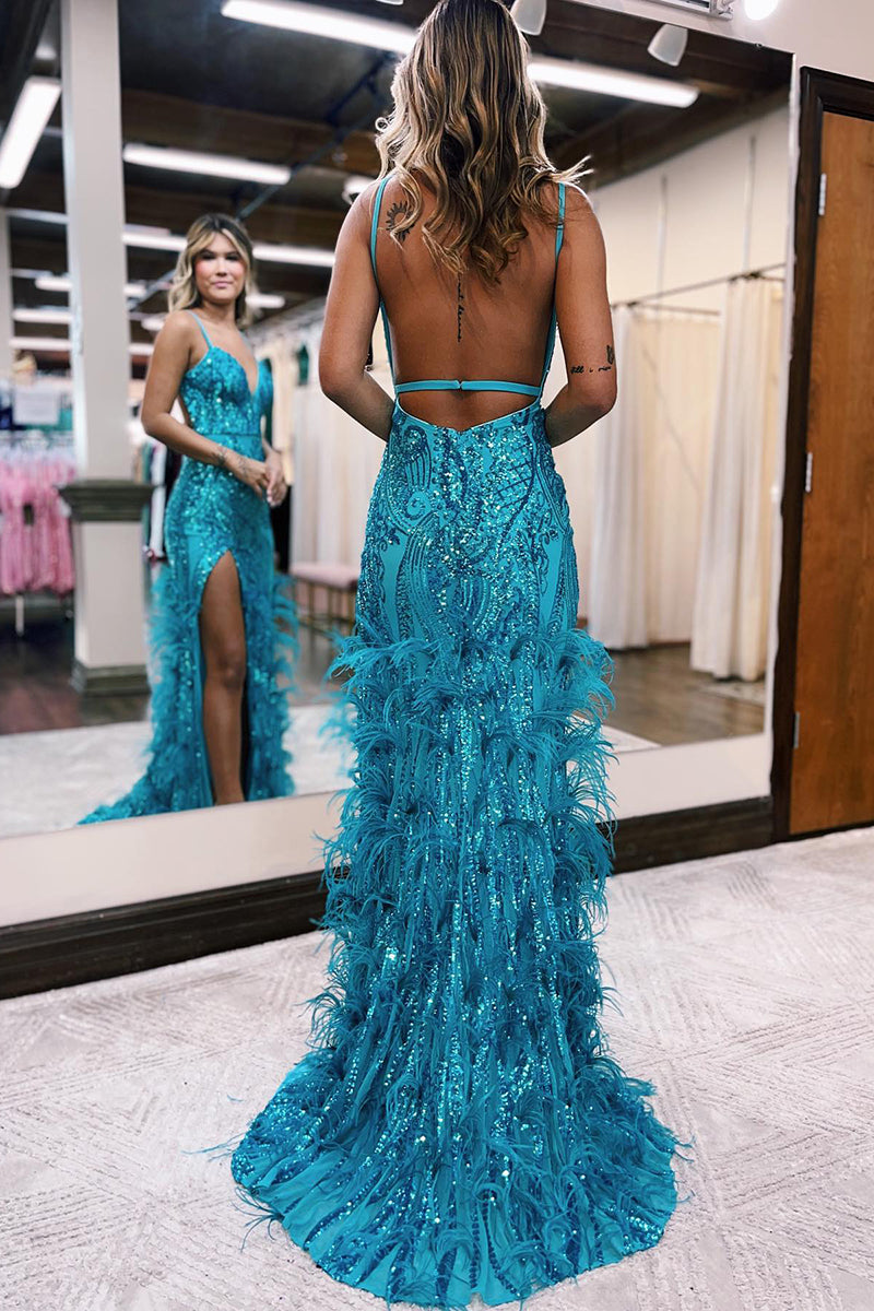 Plunging V-Neck Sequins Appliques Feathers Sparkly Prom Dress with Slit QP0935 US2 / Blue Plunging V-Neck Sequins Appliques Feathers Sparkly Prom Dress with Slit QP0935 US2 / Blue