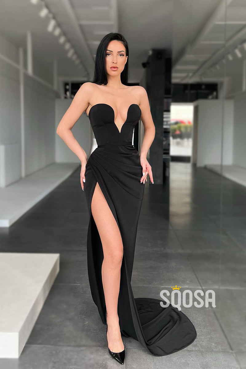 Plunging V-Neck High Split Black Long Prom Formal Dress QP2164 – SQOSA