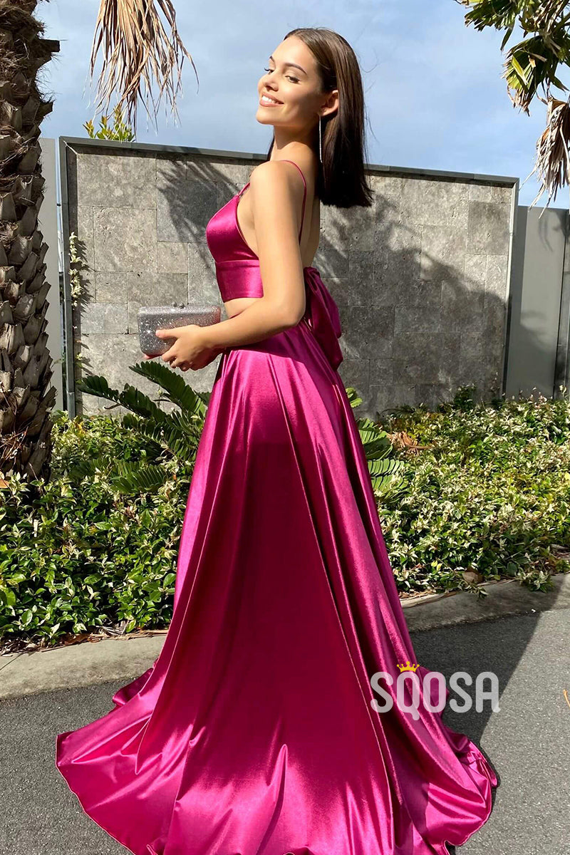 Spaghetti Straps V-Neck Two-Piece Prom Dress with Pockets QP2498 – SQOSA