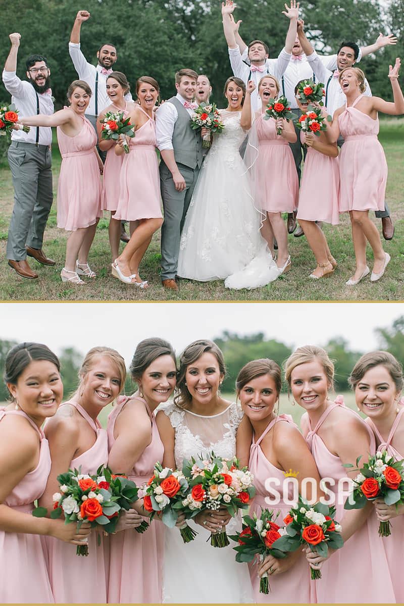pink chiffon short bridesmaid dress Watermelon Chiffon Spaghetti Strap Beaded Short Bridesmaid Gown
