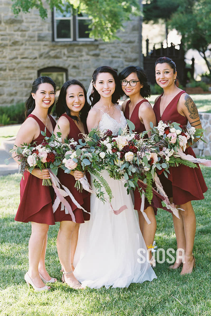 A-line Double Straps Burgundy Short Bridesmaid Dress QB2089