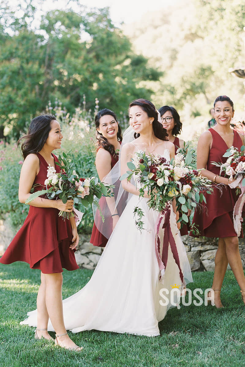 A-line Double Straps Burgundy Short Bridesmaid Dress QB2089 US16 / Custom Color A-line Double Straps Burgundy Short Bridesmaid Dress QB2089 US16 / Custom Color