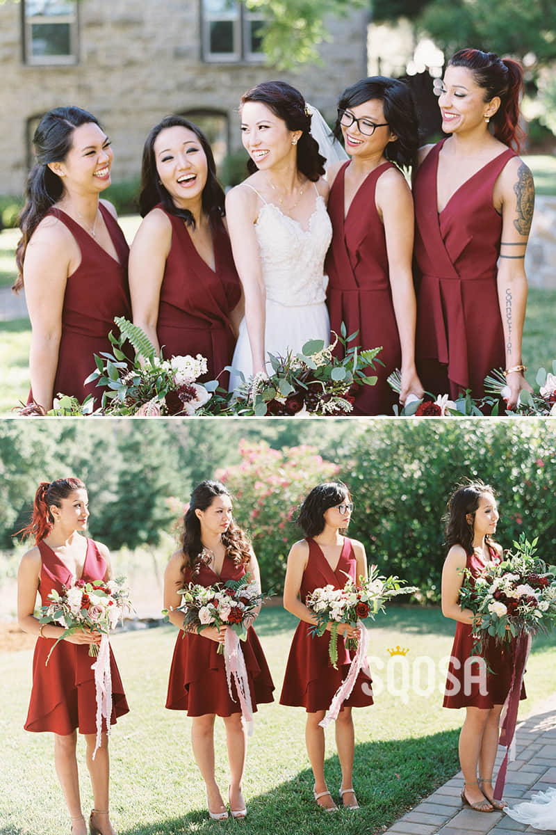 Wine short hot sale bridesmaid dresses