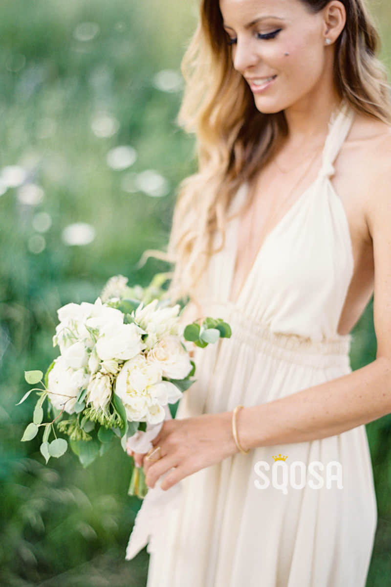 A-line Attractive V-neck Halter Long Bridesmaid Dress QB2082 SQOSA A-line Attractive V-neck Halter Long Bridesmaid Dress QB2082 SQOSA