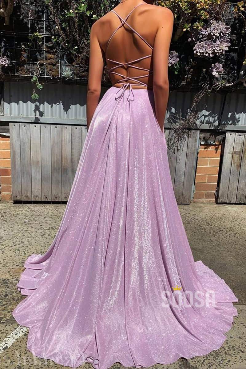 A-Line Deep V Neck Lavender Sparkly Prom Dress with Pockets QP0882 US10 / Custom Color A-Line Deep V Neck Lavender Sparkly Prom Dress with Pockets QP0882 US10 / Custom Color
