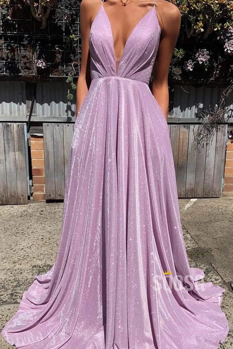 A-Line Deep V Neck Lavender Sparkly Prom Dress with Pockets QP0882 US10 / Custom Color A-Line Deep V Neck Lavender Sparkly Prom Dress with Pockets QP0882 US10 / Custom Color