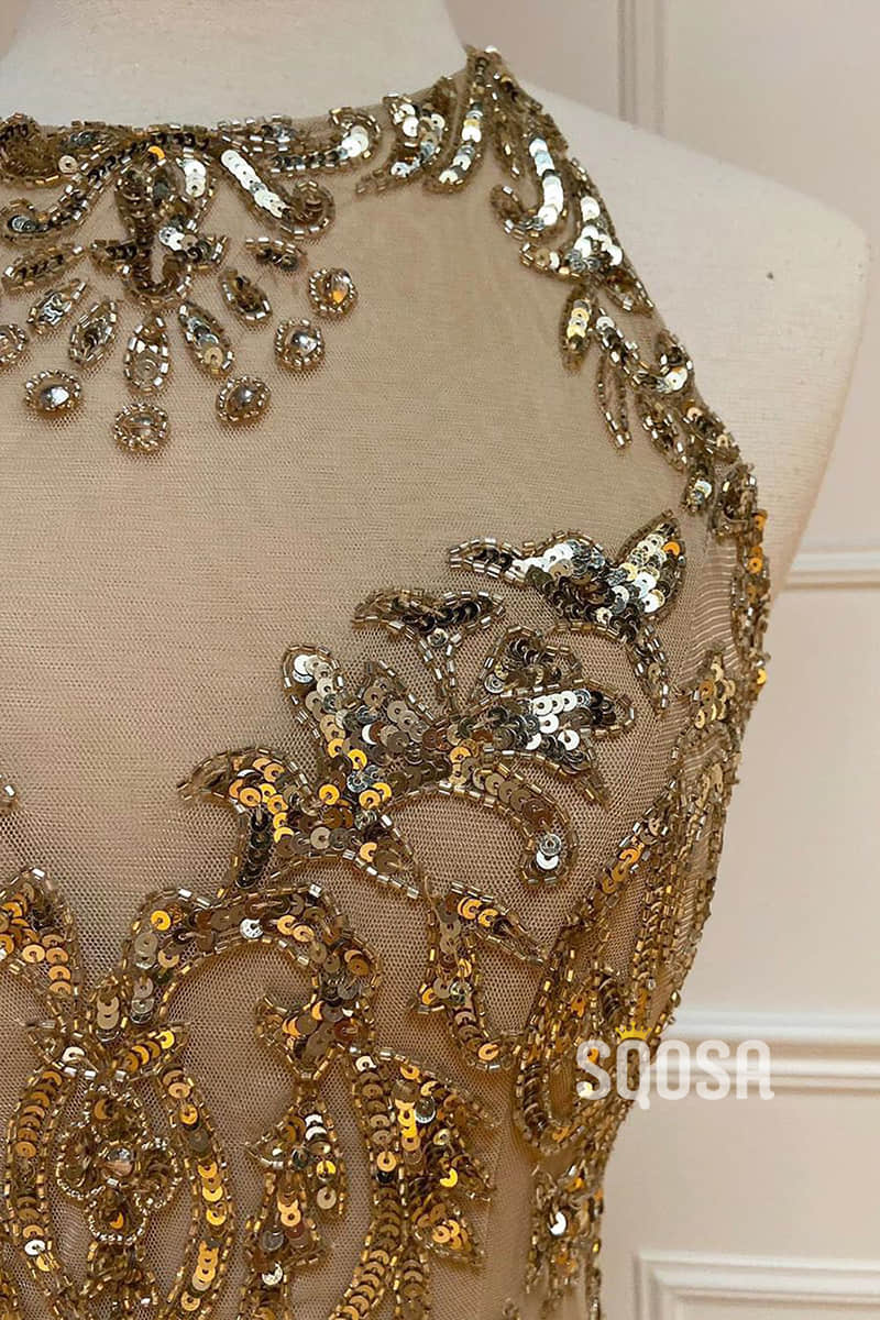 Sheath/Column Gold Beaded Halter Long Prom Dress Formal Evening Dress ...