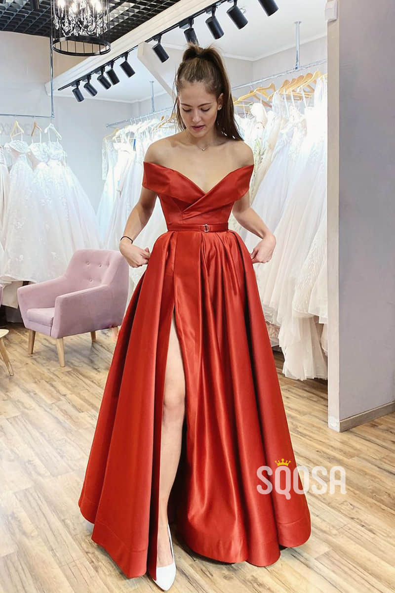 Off-the-Shoulder A-Line Satin Spalit Long Prom Dress with Pockets QP1087|SQOSA