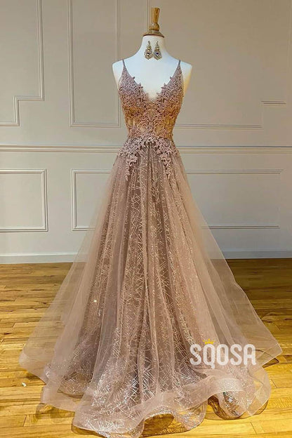 Gold tulle lace long A line prom dress evening dress .DS3034 – DSProm