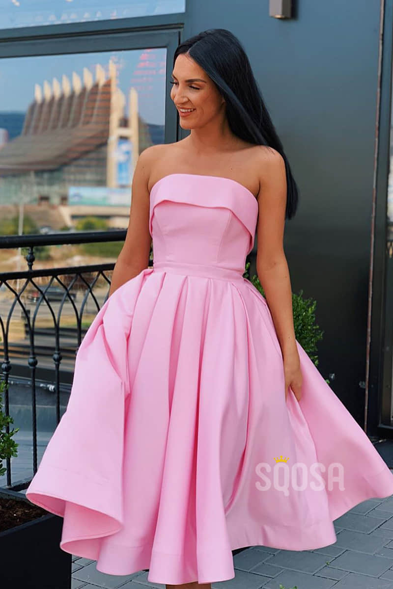 A-Line Strapless Satin Short Prom Dress Simple Homecoming Dress QP1259 US16 / Custom Color A-Line Strapless Satin Short Prom Dress Simple Homecoming Dress QP1259 US16 / Custom Color
