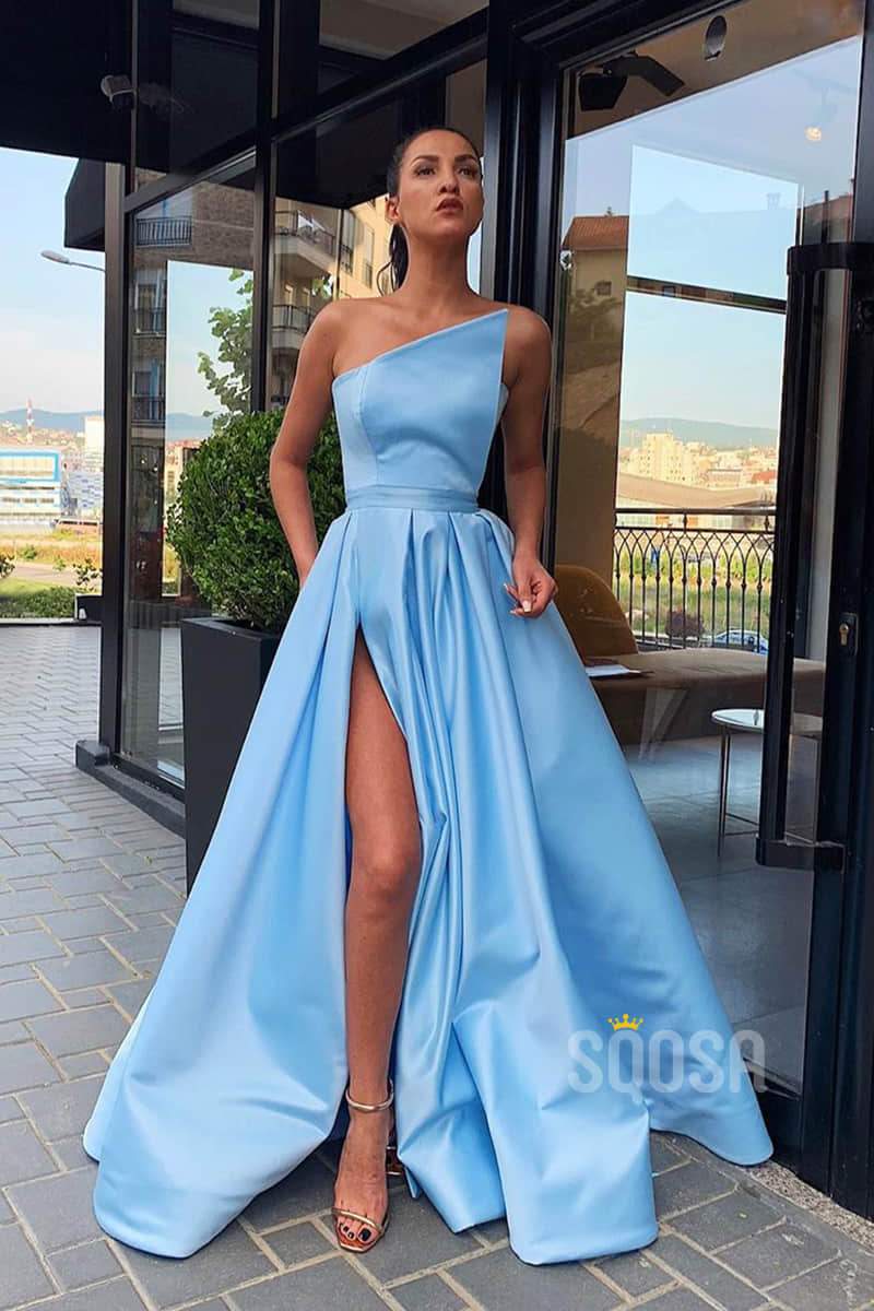 A-line One Shoulder Sky Blue Satin Long Prom Dress with Pockets QP1260 US10 / Sky Blue A-line One Shoulder Sky Blue Satin Long Prom Dress with Pockets QP1260 US10 / Sky Blue