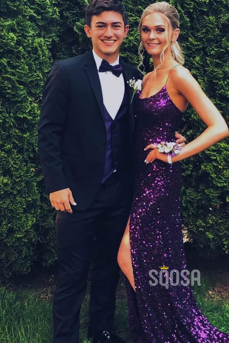Purple Sequins Spaghetti Straps Scoop Sheath/Column Prom Dress with Slit QP1315 US8 / Purple Purple Sequins Spaghetti Straps Scoop Sheath/Column Prom Dress with Slit QP1315 US8 / Purple
