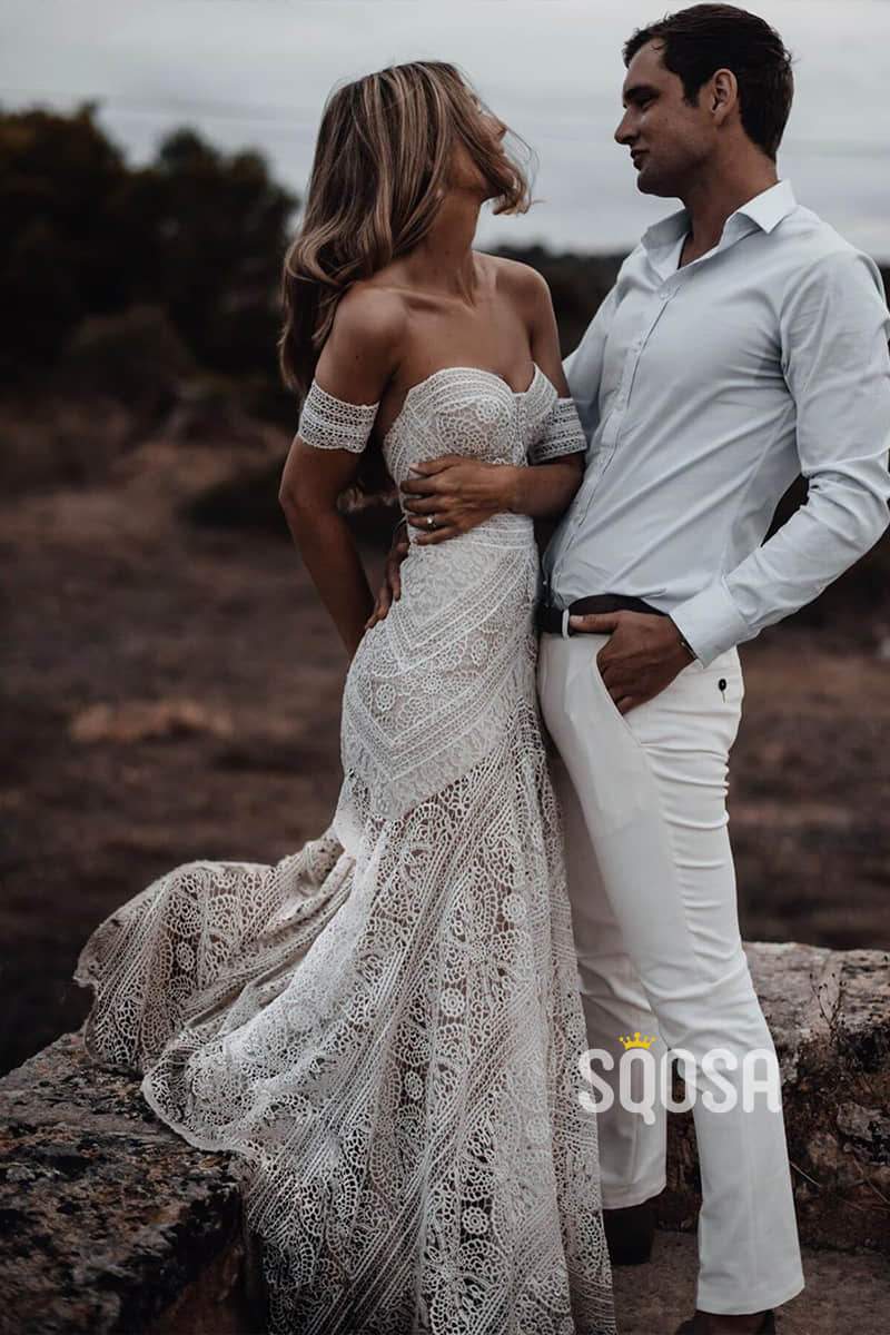 Mermaid Wedding Dress Sweetheart Lace Bohemain Wedding Dress Rustic Wedding Gowns QW0877 US4 / Custom Color Mermaid Wedding Dress Sweetheart Lace Bohemain Wedding Dress Rustic Wedding Gowns QW0877 US4 / Custom Color
