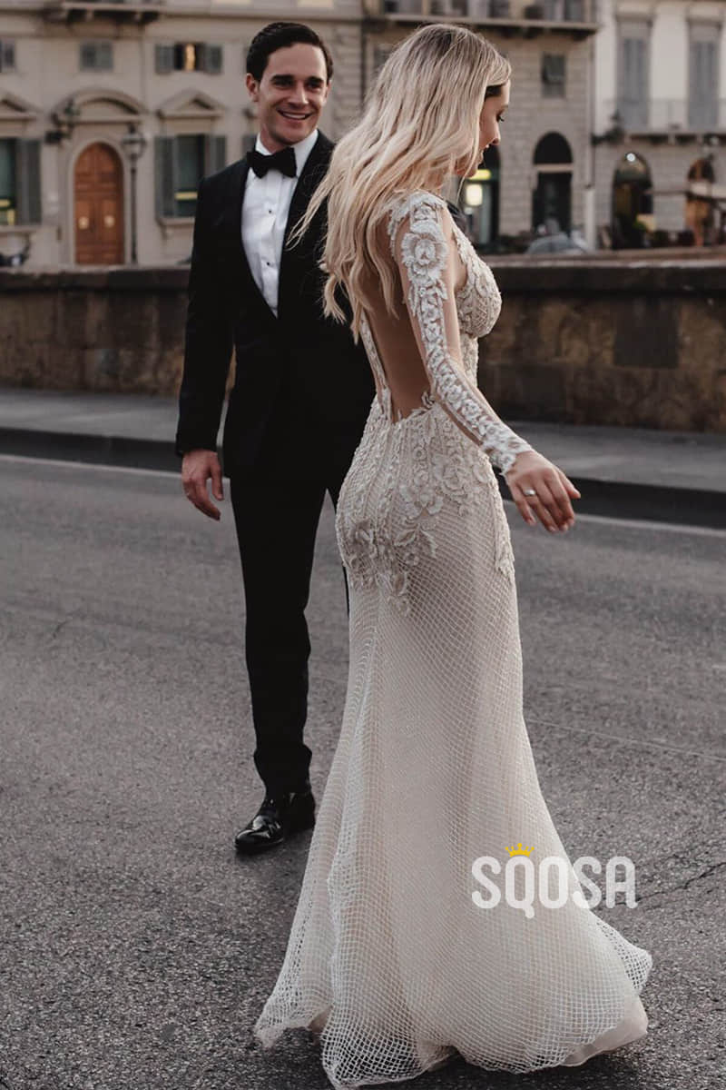 Attractive Deep V-neck Illusion Long Sleeve Appliques Lace Mermaid Wedding Dress QW0882 US8 / Custom Color Attractive Deep V-neck Illusion Long Sleeve Appliques Lace Mermaid Wedding Dress QW0882 US8 / Custom Color