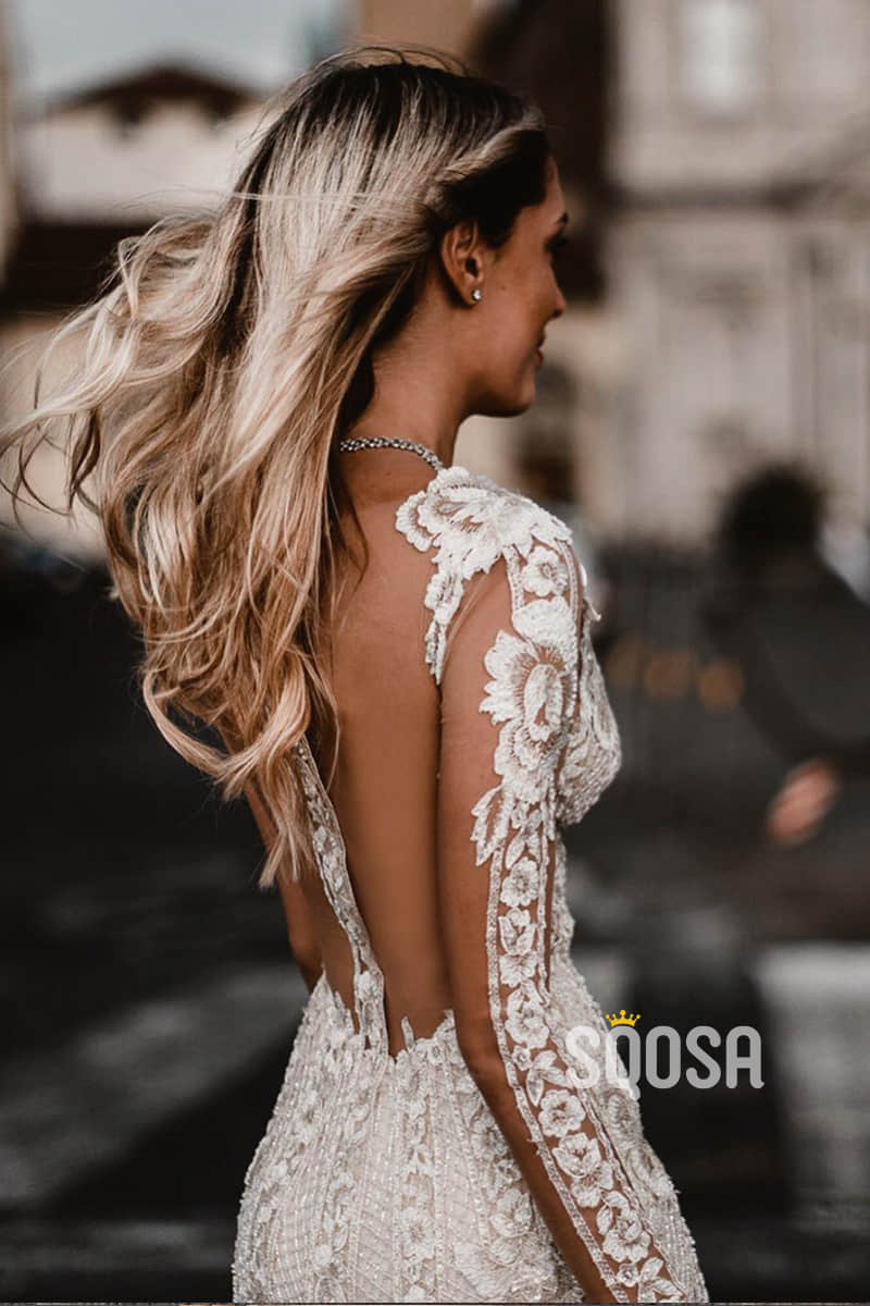 Attractive Deep V-neck Illusion Long Sleeve Appliques Lace Mermaid Wed –  SQOSA
