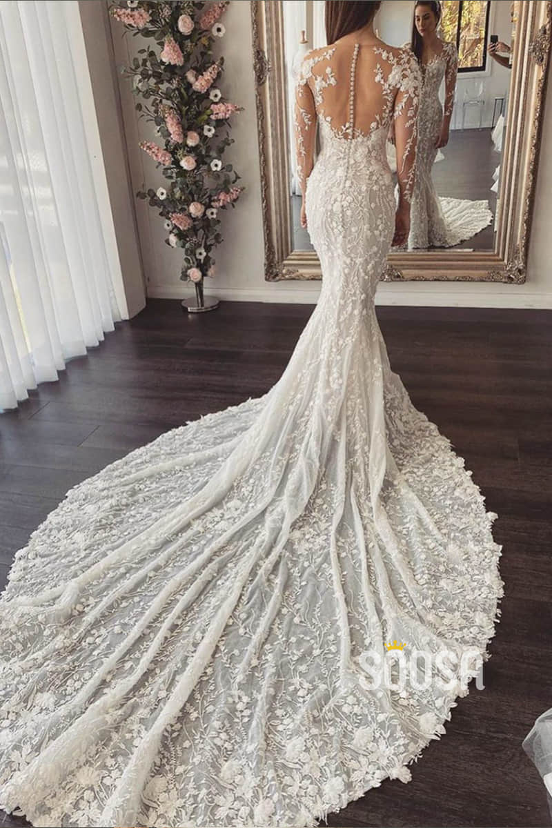 Mermaid Wedding Dress Illusion Long Sleeve Lace Wedding Dress with Watteau Train QW0885 US14 / As Picture Mermaid Wedding Dress Illusion Long Sleeve Lace Wedding Dress with Watteau Train QW0885 US14 / As Picture