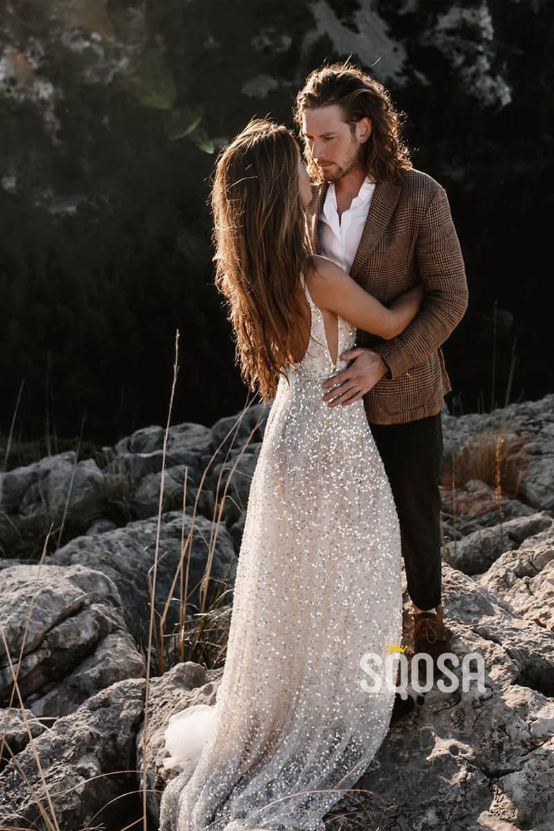 sparkly backless wedding dress Sparkly Mermaid White Lace Backless Sweep Train Long Wedding Dress Diamond White / 16