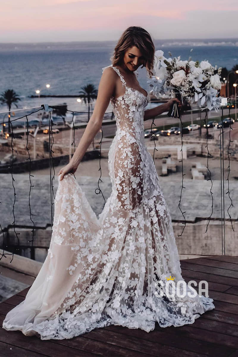 luxury lace wedding dresses Luxury Lace Chic Halter A-Line Bohemian Wedding Dress with Slit Bridal Gowns Diamond White / 16