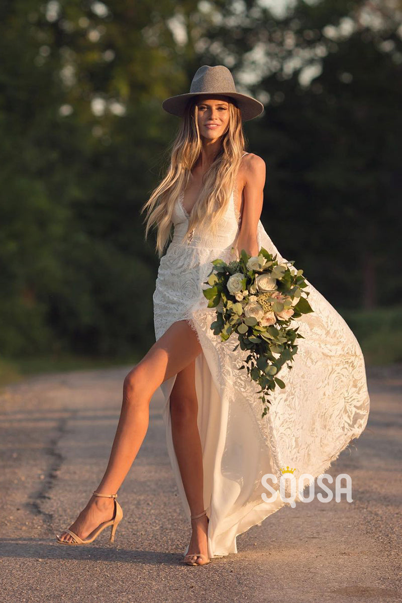 A-line V-neck High Split Lace Bohemian Wedding Dress QW2696 US2 / Ivory A-line V-neck High Split Lace Bohemian Wedding Dress QW2696 US2 / Ivory