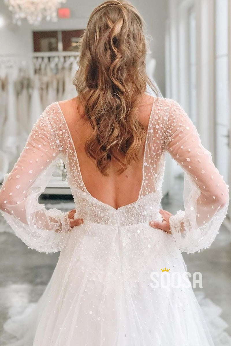 A-line V-neck Long Sleeves Sparkly Wedding Dress QW2672 – SQOSA