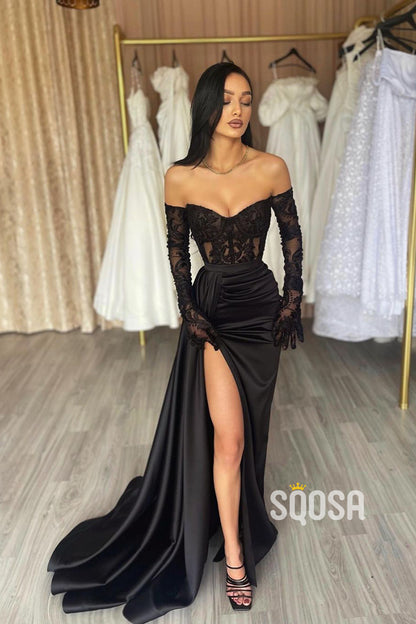 Sheath Sweetheart Satin Pleated Lace Appliques Black Log Prom Formal D ...