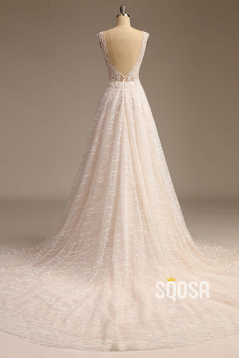 Illusion Neckline Exquisite Champagne Lace Beaded A-line Wedding Dress SQOSA Illusion Neckline Exquisite Champagne Lace Beaded A-line Wedding Dress SQOSA