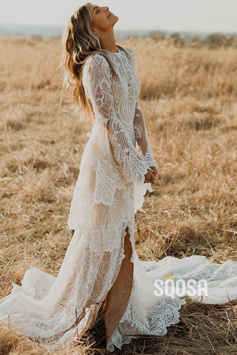 Unique Bateau Bat Sleeves Lace Bohemian Wedding Dress with Slit Bridal Dress QW2680 Custom Size / White Unique Bateau Bat Sleeves Lace Bohemian Wedding Dress with Slit Bridal Dress QW2680 Custom Size / White