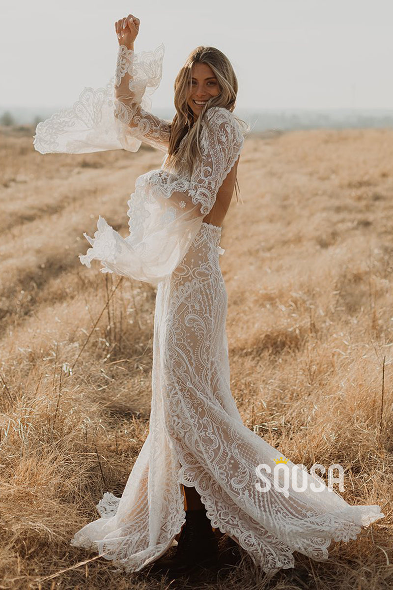 Unique Bateau Bat Sleeves Lace Bohemian Wedding Dress with Slit Bridal Dress QW2680 Custom Size / Custom Color Unique Bateau Bat Sleeves Lace Bohemian Wedding Dress with Slit Bridal Dress QW2680 Custom Size / Custom Color