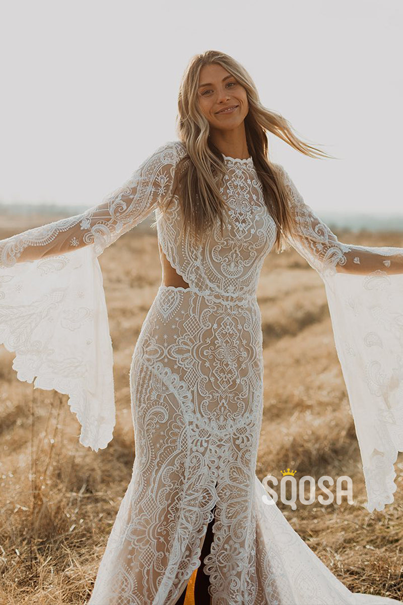 Western Long Sleeve Wedding Dresses Unique Bateau Bat Sleeves Lace Bohemian Wedding Dress With Slit Bridal Western Long Sleeve Wedding Dresses Unique Bateau Bat Sleeves Lace Bohemian Wedding Dress With Slit Bridal