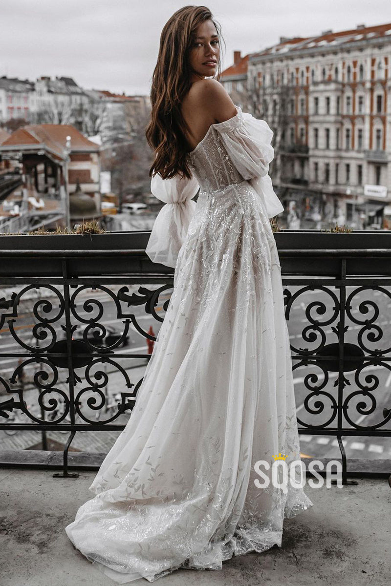 Unique Off the Shoulder Lace Wedding Dress Ivory Long Sleeves