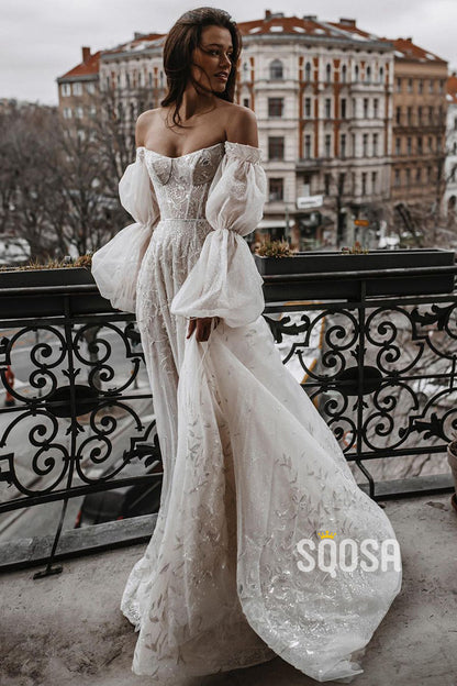 Unique Off-the-Shoulder Lace Wedding Dress Ivory Long Sleeves Bohemian Bridal Gown QW2705 US8 / Custom Color Unique Off-the-Shoulder Lace Wedding Dress Ivory Long Sleeves Bohemian Bridal Gown QW2705 US8 / Custom Color