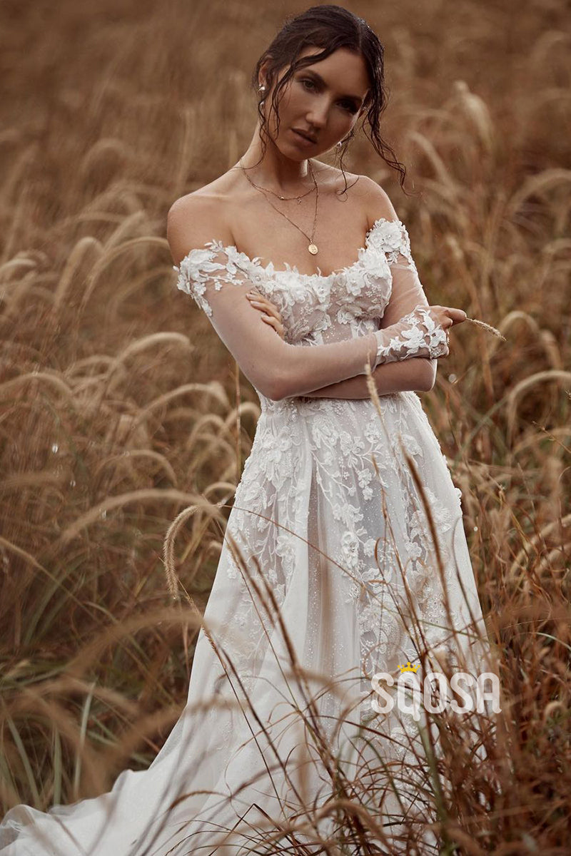 off the shoulder wedding dress with sleeves Custom Made Long Puff Sleeve Champagne flowing into sheer lace long sleeves finished with scalloped lace edging Marisa Off-Shoulder Long Sleeve Lace