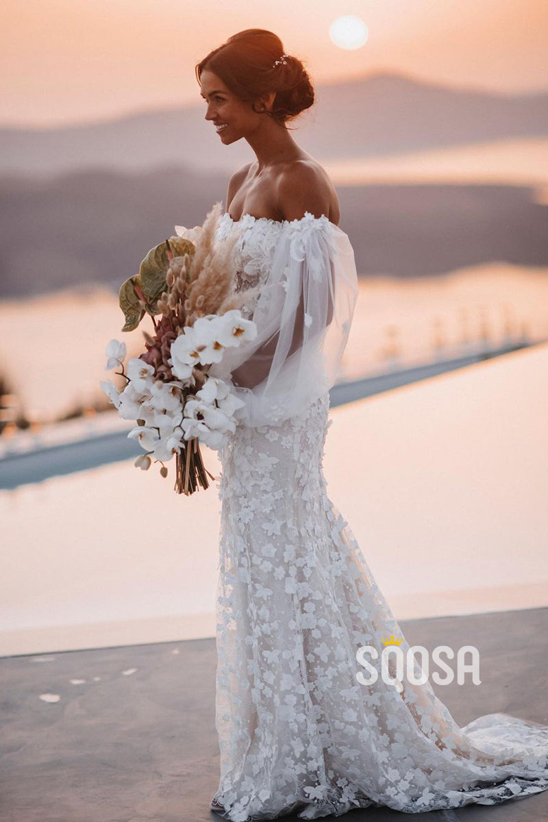 bohemian wedding dress off shoulder Luxury Lace Long Sleeves Bridal Go – SQOSA High Gloss 3 - Ygroup_odettericracminidress the entire day Size:9 ½