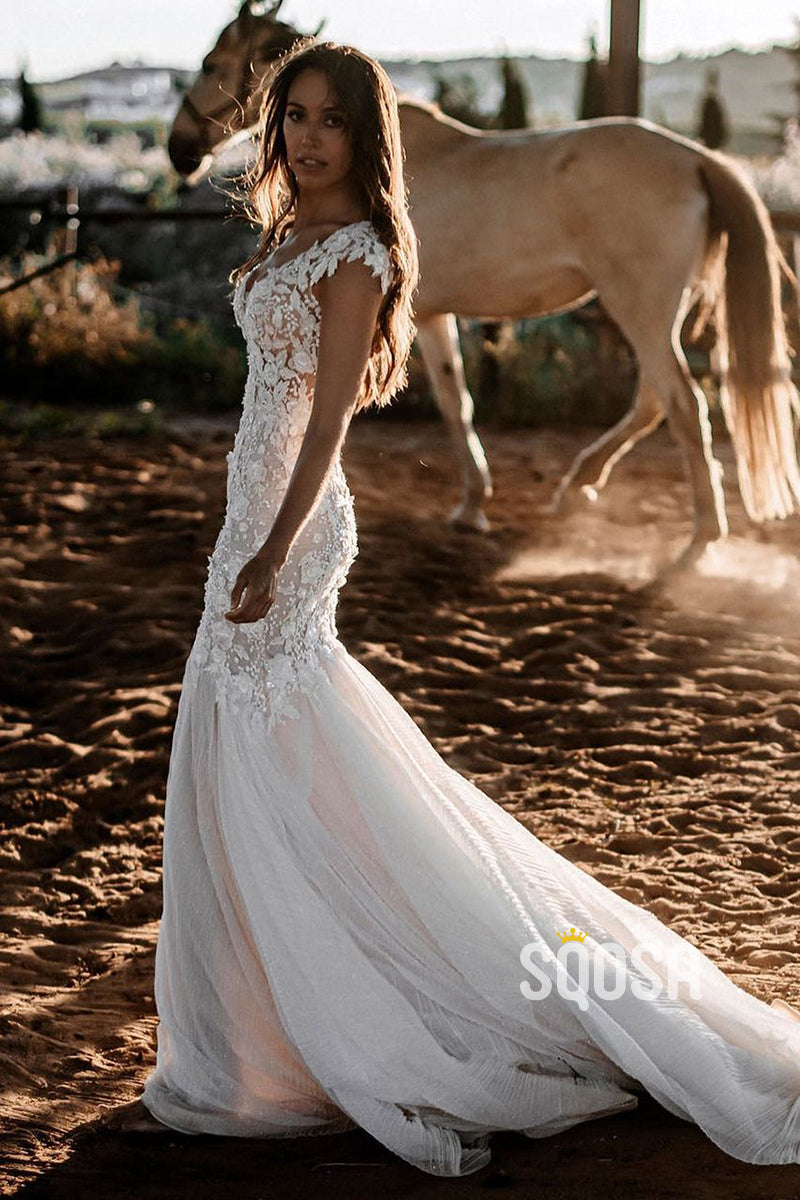 Plunging V-Neck Romantic Lace Wedding Dress Bohemian Mermaid Bridal Gown QW2162 Custom Color / US4 Plunging V-Neck Romantic Lace Wedding Dress Bohemian Mermaid Bridal Gown QW2162 Custom Color / US4