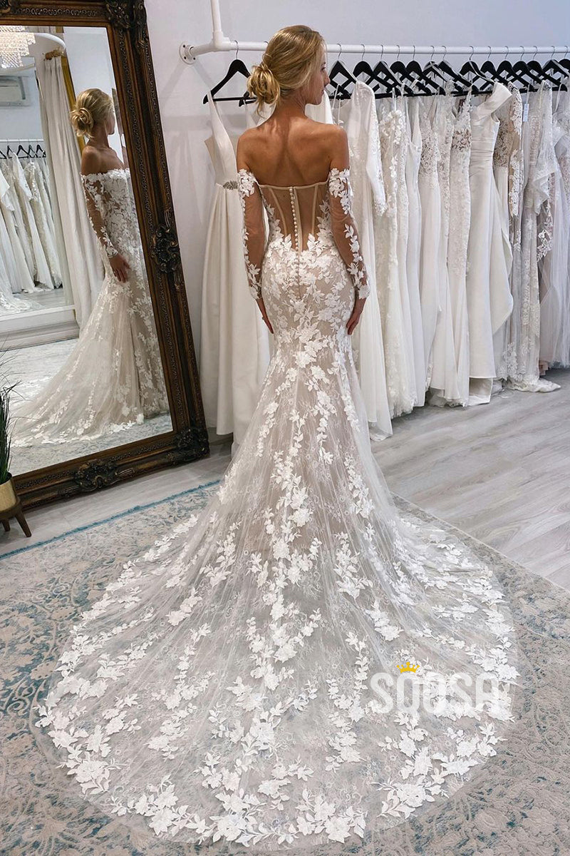 wedding dress with lace sleeves Mermaid V-neck Long Backless Bohemian TN369 US18 / White Its the long Off the Shoulder Long Sleeves