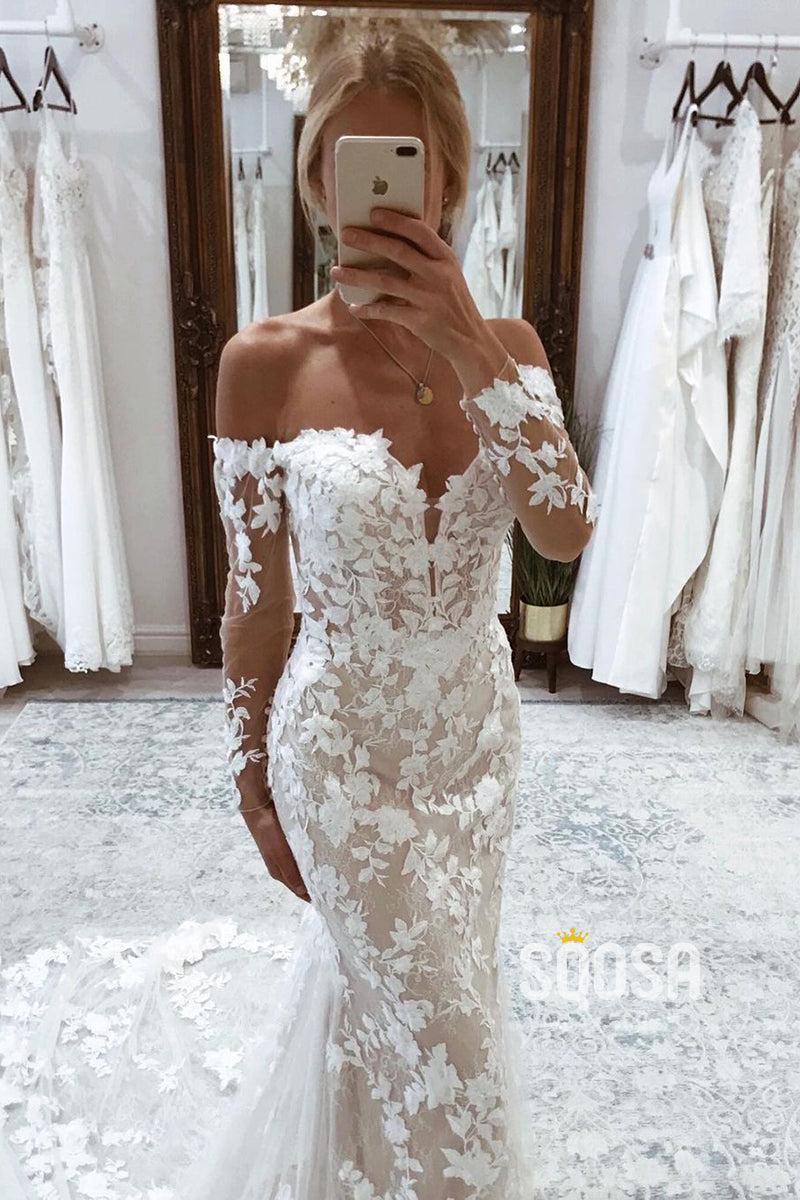 mermaid off the shoulder long sleeve wedding dress Luxury Rhinestones Long Sleeve Mermaid Wedding Dress with Overskirt Overskirt