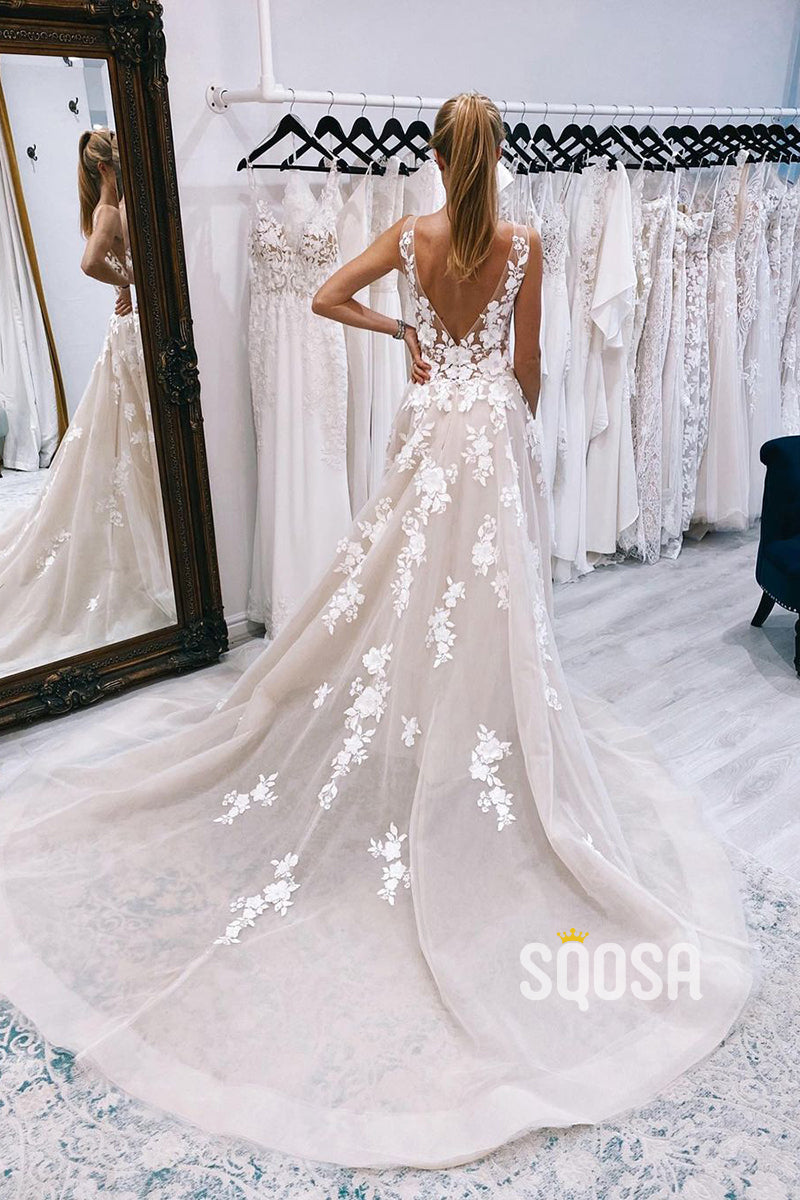 Plunging V-Neck Lace Appliques Rustic Wedding Dress QW2509 US16 / White Plunging V-Neck Lace Appliques Rustic Wedding Dress QW2509 US16 / White
