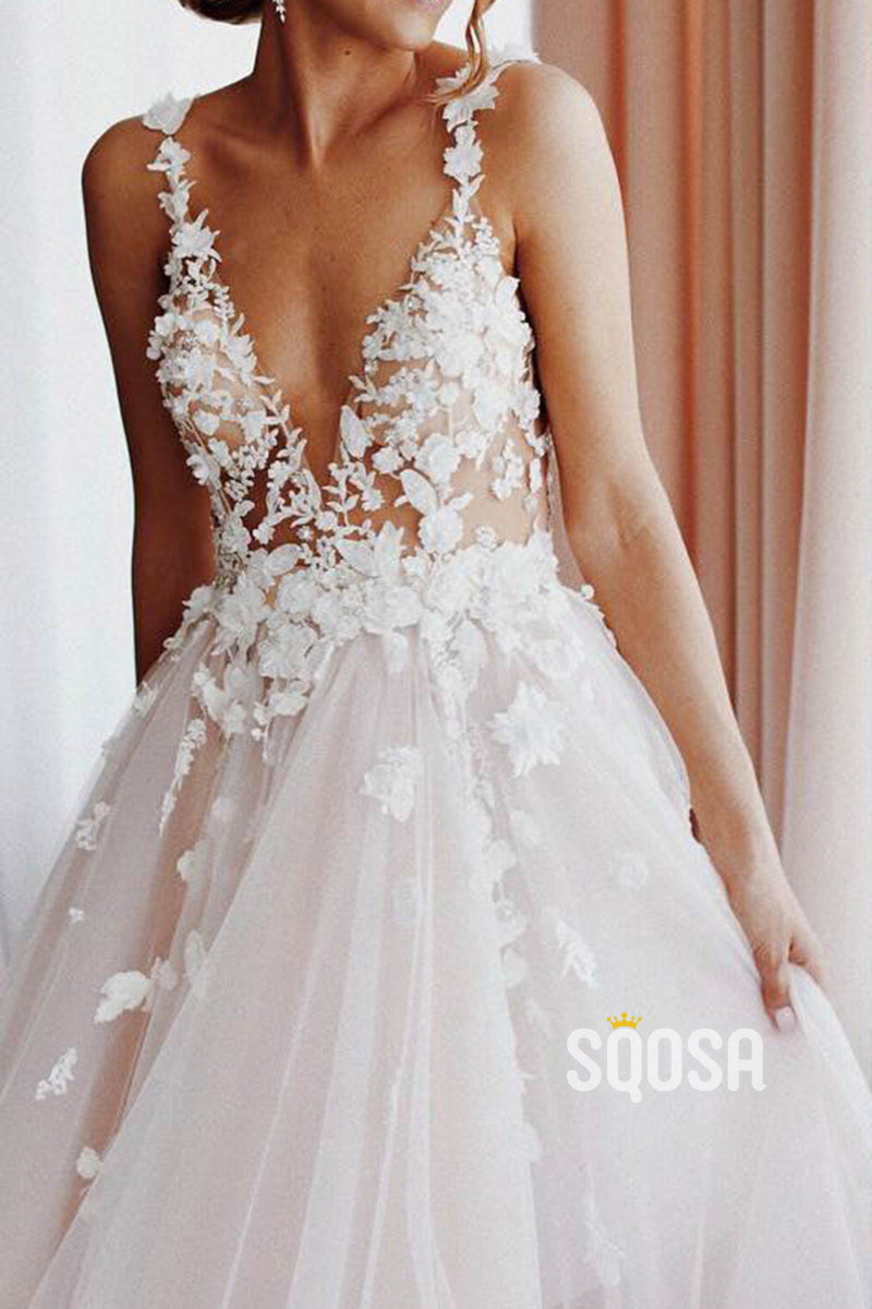 Plunging V-neck 3D Appliques A-line Pink Wedding Dress QW2566 Custom Size / Custom Color Plunging V-neck 3D Appliques A-line Pink Wedding Dress QW2566 Custom Size / Custom Color