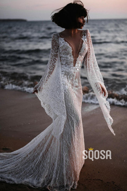 Plunging V-neck Bat Sleeves Lace Bohemian Wedding Dress QW2658|SQOSA