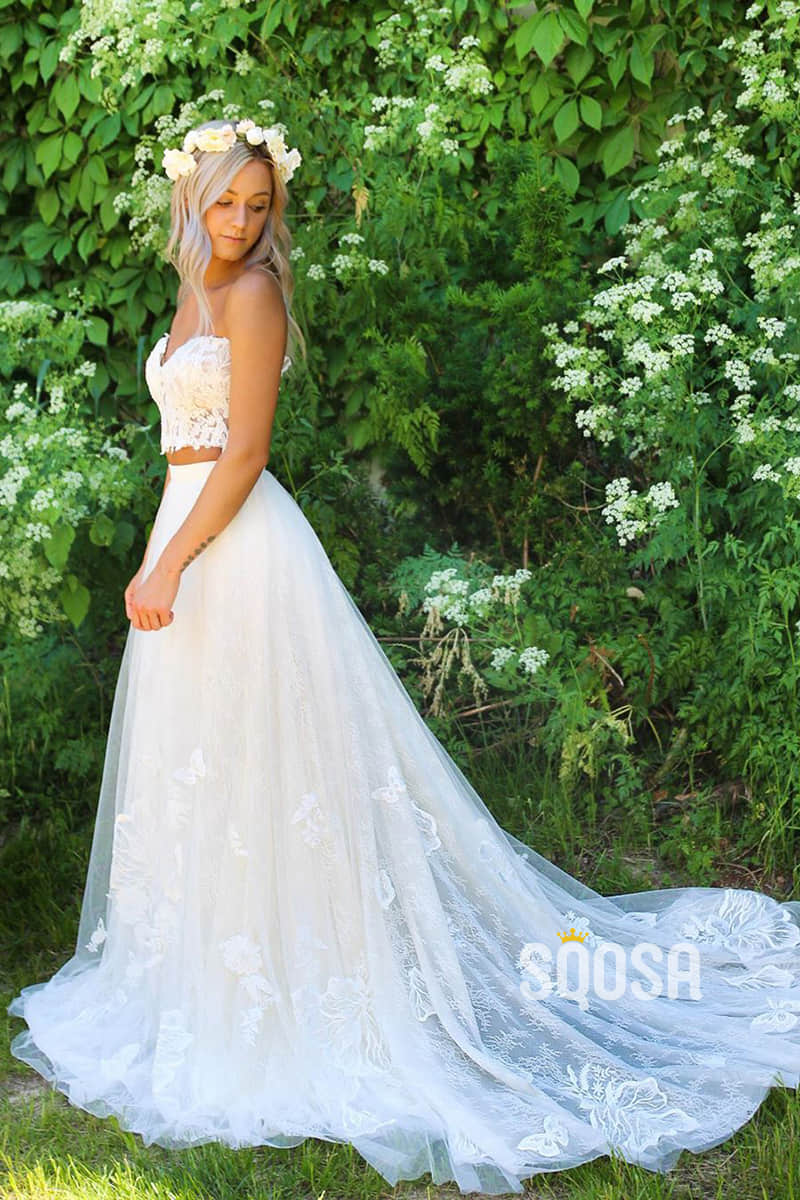 A-line Sweetheart Chic Appliques Two Piece Beach Wedding Dress QW2367 US14 / White A-line Sweetheart Chic Appliques Two Piece Beach Wedding Dress QW2367 US14 / White
