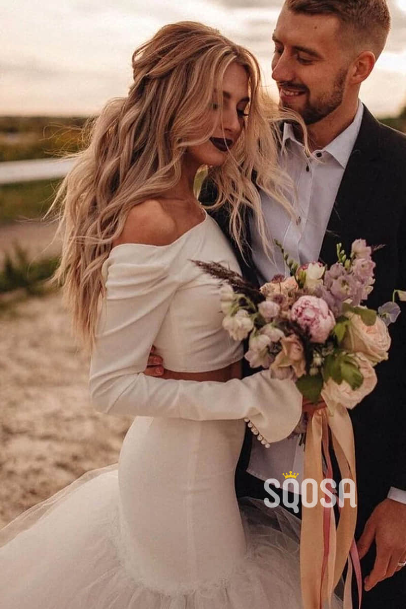 Unique Scoop Long Sleeves Two-Piece Bohemian Wedding Dress QW2423 – SQOSA
